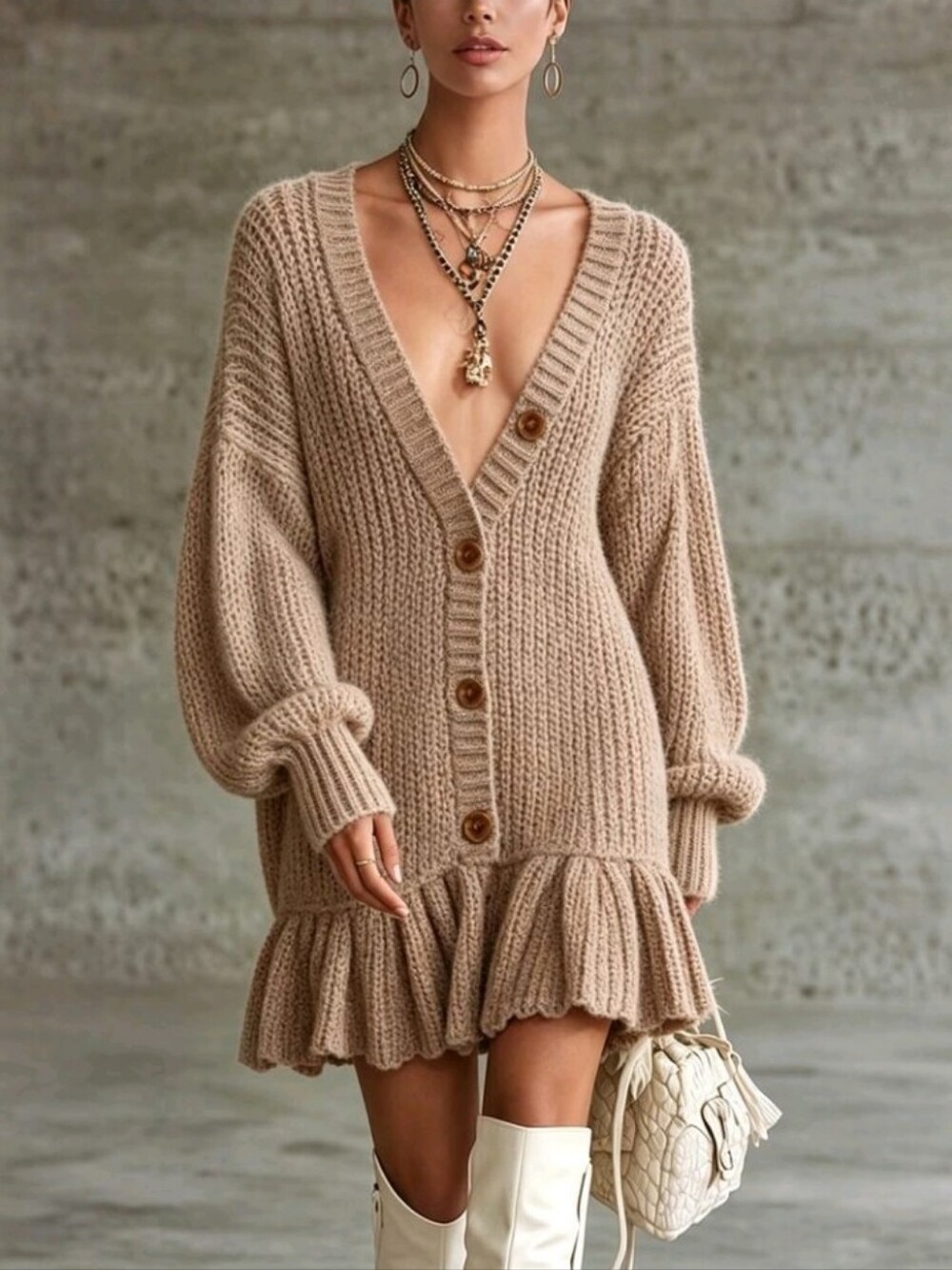 Women's Solid Color Drop Shoulder Long Sleeve Single-Breasted Ruffle Hem Knit